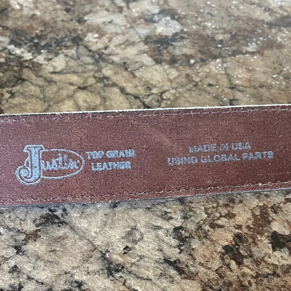 Justin Brown Leather Men's Belt Weatern 32 USA Antique Silver-Tone Buckle Rodeo